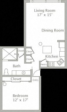 Floor plan for 1 bed, 1 bath, 883 sqft