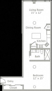 Floor plan for 1 bed, 1 bath, 895 sqft