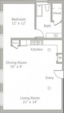 Floor plan for 1 bed, 1 bath, 899 sqft