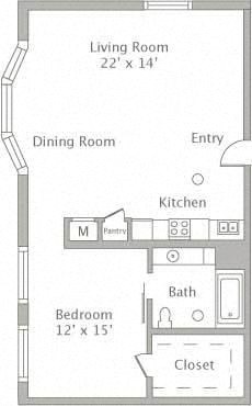 Floor plan for 1 bed, 1 bath, 905 sqft