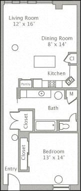 Floor plan for 1 bed, 1 bath, 947 sqft