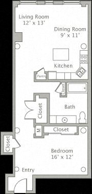 Floor plan for 1 bed, 1 bath, 989 sqft