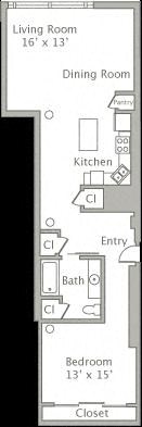 Floor plan for 1 bed, 1 bath, 1080 sqft