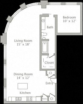 Floor plan for 1 bed, 1 bath, 1084 sqft