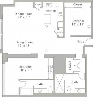 Floor plan for 2 beds, 2 baths, 1570 sqft