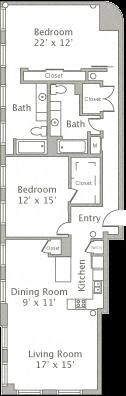Floor plan for 2 beds, 2 baths, 1577 sqft