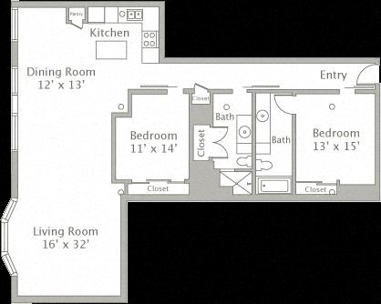 Floor plan for 2 beds, 2 baths, 1824 sqft