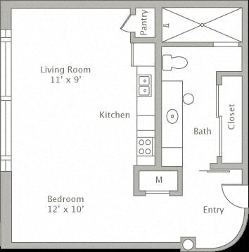 Floor plan for studio, 1 bath, 508 sqft