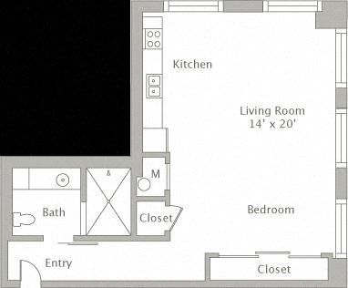 Floor plan for studio, 1 bath, 544 sqft