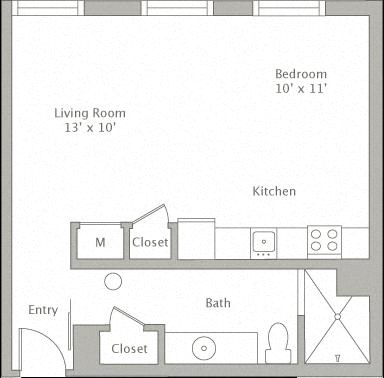 Floor plan for studio, 1 bath, 544 sqft