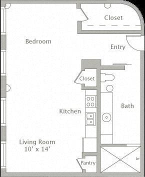 Floor plan for 1 bed, 1 bath, 642 sqft