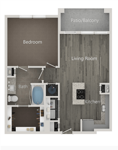 Floor plan for 1 bed, 1 bath, 677 sqft