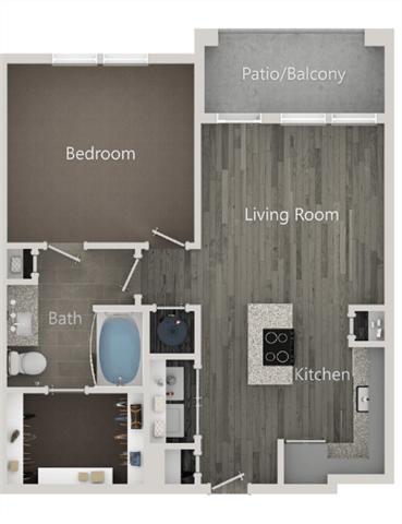Floor plan for 1 bed, 1 bath, 685 sqft