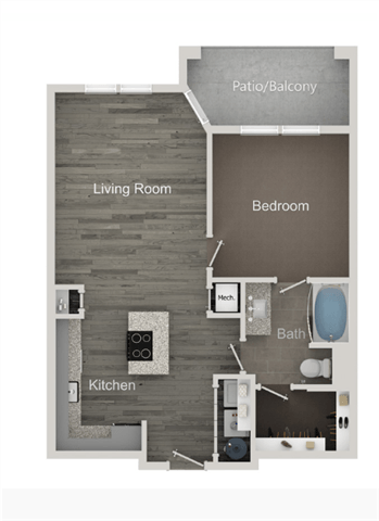 Floor plan for 1 bed, 1 bath, 731 sqft