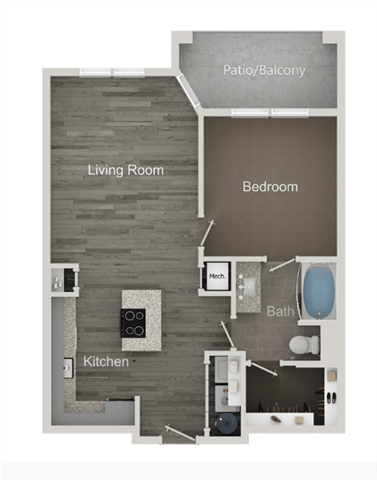 Floor plan for 1 bed, 1 bath, 775 sqft