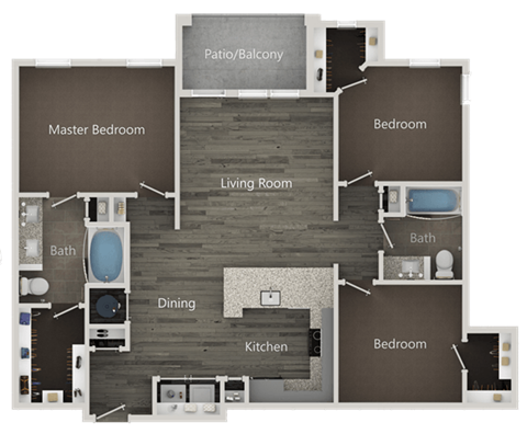 Floor plan for 3 beds, 2 baths, 1253 sqft