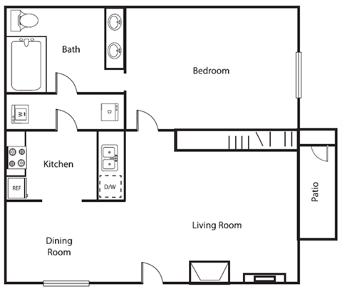 Floor plan for 1 bed, 1 bath, 685 sqft