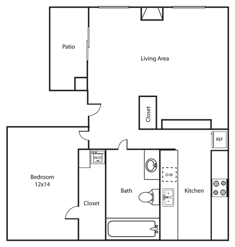 Floor plan for 1 bed, 1 bath, 725 sqft