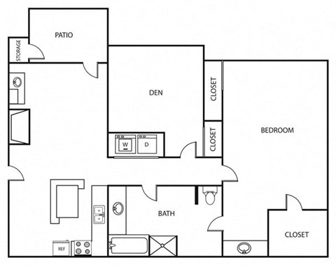 Floor plan for 1 bed, 1 bath, 900 sqft