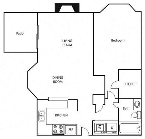 Floor plan for 1 bed, 1 bath, 732 sqft
