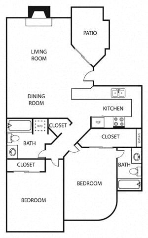Floor plan for 2 beds, 2 baths, 972 sqft