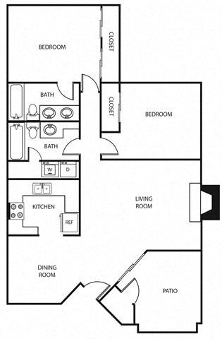 Floor plan for 2 beds, 2 baths, 1000 sqft