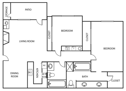 Floor plan for 2 beds, 2 baths, 1000 sqft