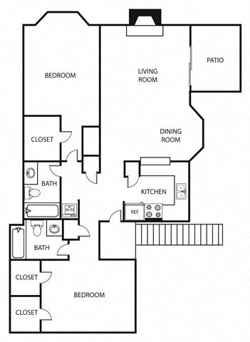 Floor plan for 2 beds, 2 baths, 1117 sqft