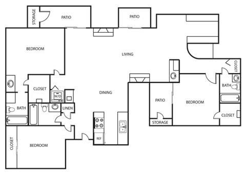 Floor plan for 3 beds, 2 baths, 1845 sqft