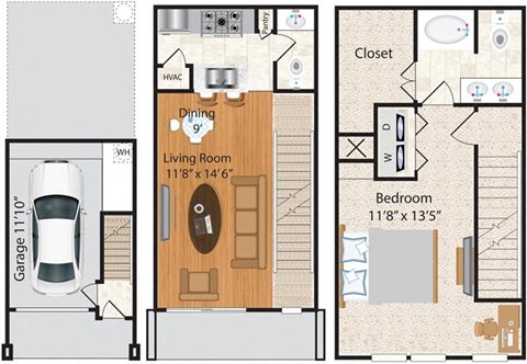 Floor plan for 1 bed, 1.5 baths, 924 sqft