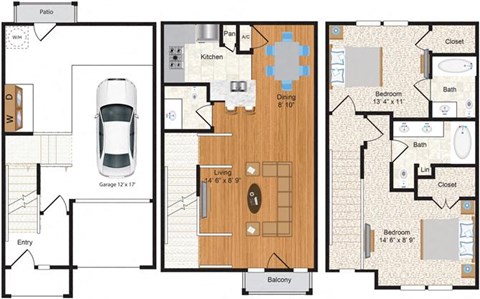 Floor plan for 2 beds, 2 baths, 1263 sqft
