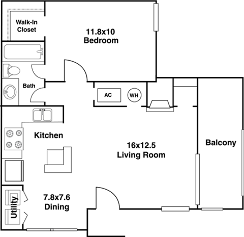 Floor plan for 1 bed, 1 bath, 650 sqft