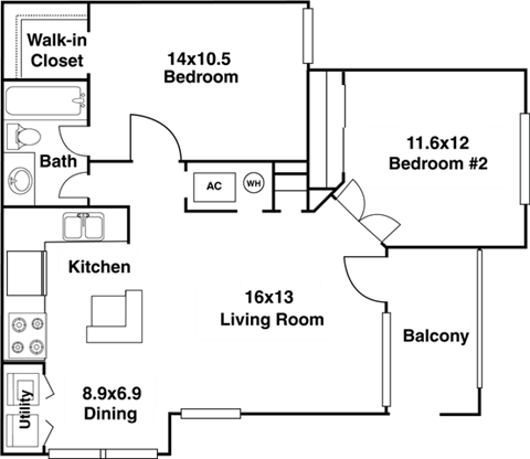 Floor plan for 2 beds, 1 bath, 790 sqft