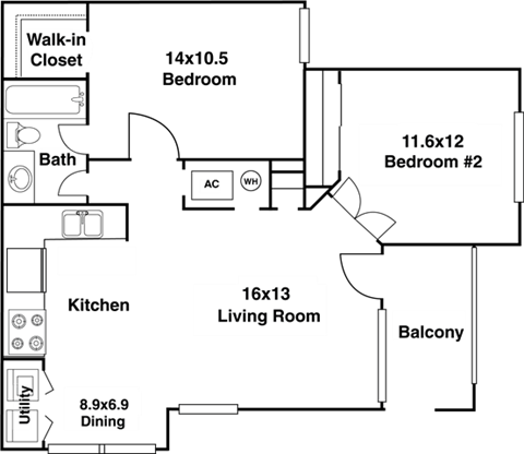 Floor plan for 2 beds, 1 bath, 790 sqft