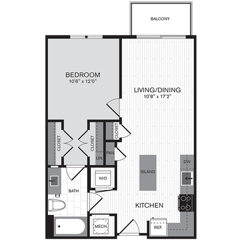 Floor plan for 1 bed, 1 bath, 665 sqft