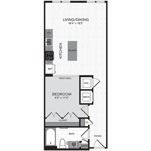 Floor plan for 1 bed, 1 bath, 677 sqft