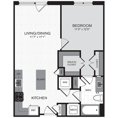 Floor plan for 1 bed, 1 bath, 706 sqft