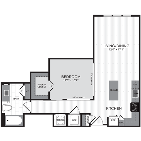 Floor plan for 1 bed, 1 bath, 738 sqft