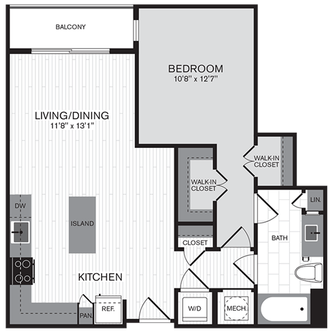 Floor plan for 1 bed, 1 bath, 757 sqft