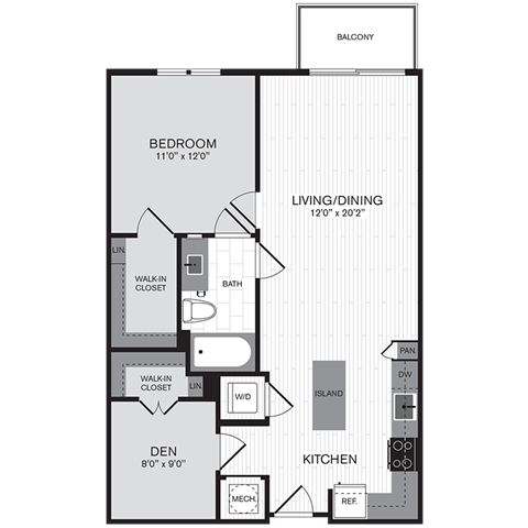 Floor plan for 1 bed, 1 bath, 826 sqft