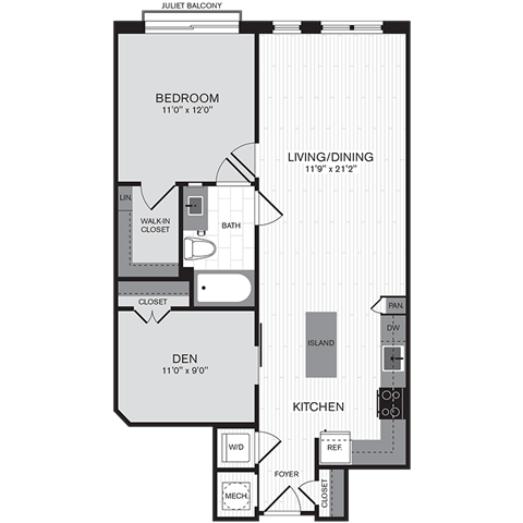 Floor plan for 1 bed, 1 bath, 865 sqft