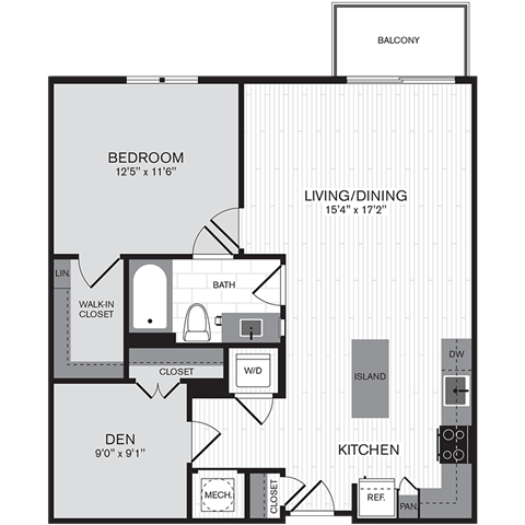 Floor plan for 1 bed, 1 bath, 900 sqft