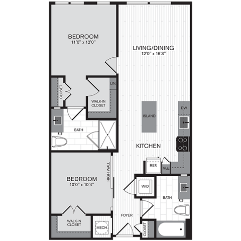 Floor plan for 2 beds, 2 baths, 956 sqft