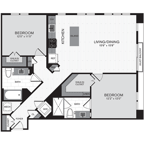 Floor plan for 2 beds, 2 baths, 1089 sqft