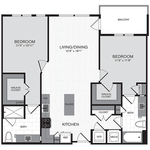 Floor plan for 2 beds, 2 baths, 1100 sqft