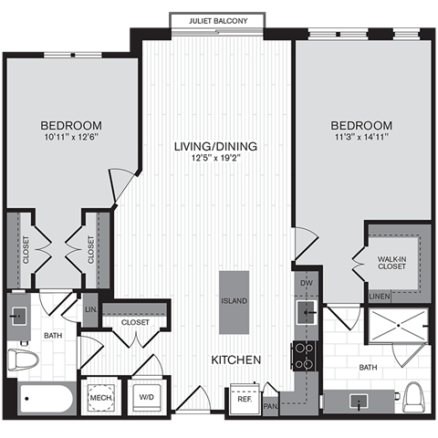 Floor plan for 2 beds, 2 baths, 1130 sqft