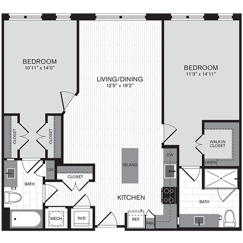 Floor plan for 2 beds, 2 baths, 1150 sqft