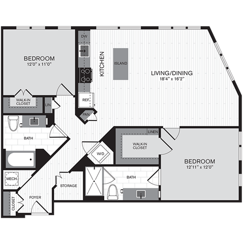Floor plan for 2 beds, 2 baths, 1160 sqft