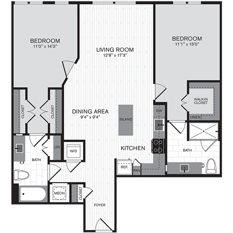 Floor plan for 2 beds, 2 baths, 1192 sqft