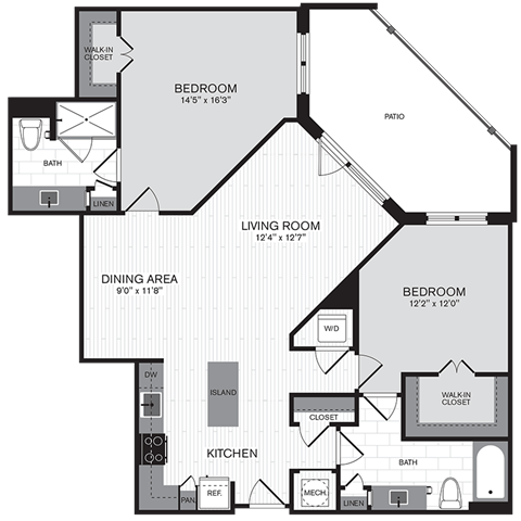 Floor plan for 2 beds, 2 baths, 1192 sqft